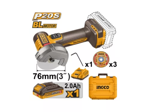 INGCO Vágószerszám 76 mm szénkefe nélküli 20 V (1 x 2,0 Ah akku + töltő)