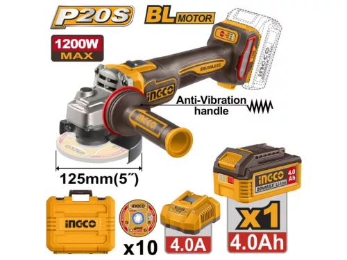 INGCO Akkus sarokcsiszoló 125 mm szénkefe nélküli 20 V (1 x 4,0 Ah akku + töltő)