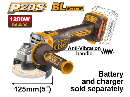 INGCO Akkus sarokcsiszoló 125 mm szénkefe nélküli 20 V (akku és töltő nélkül)