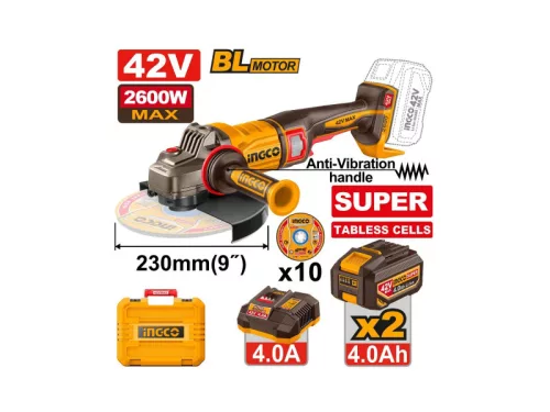 INGCO Akkus sarokcsiszoló 230 mm szénkefe nélküli 42 V (2 x 4,0 Ah lapos cellás akku + töltő)