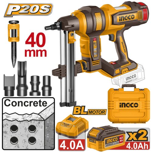 INGCO Akkus beton szögbelövő 40 mm szénkefe nélküli 20 V (2 x 4,0 Ah akku + töltő)
