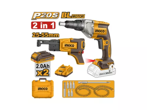 INGCO Akkus gipszkarton csavarbehajtó szett szénkefe nélküli 20 V (2 x 2,0 Ah akku + töltő)