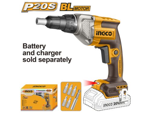 INGCO Akkus gipszkarton csavarbehajtó szénkefe nélküli 20 V (akku és töltő nélkül)