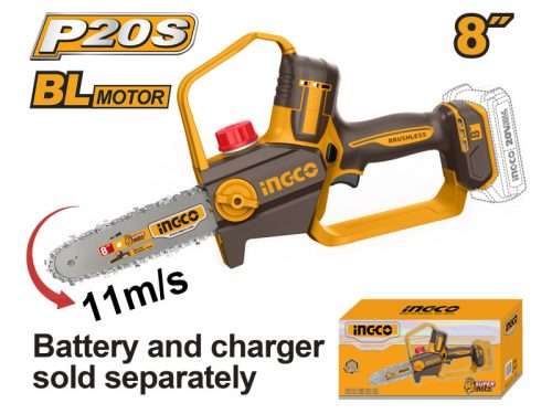 INGCO Akkus láncfűrész 200 mm szénkefe nélküli 20 V (akku és töltő nélkül)