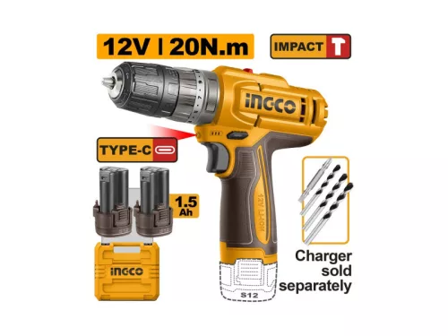 INGCO Akkus ütvefúró-csavarozó 20 Nm 12 V (2 x 1,5 Ah akku, töltő kábel nélkül)
