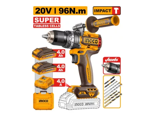 INGCO Akkus ütvefúró-csavarozó 96 Nm szénkefe nélküli 20 V (2 x 4,0 Ah lapos cellés akku + töltő)