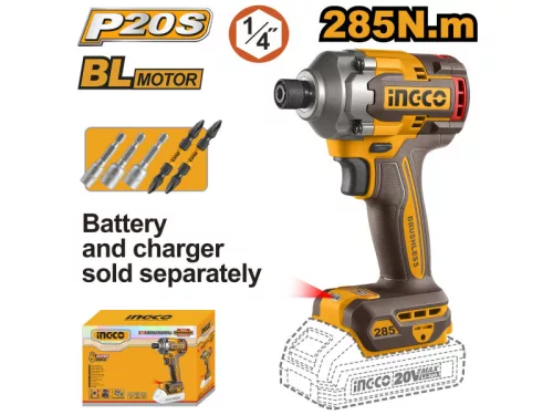 INGCO Akkus ütvecsavarozó 1/4" 285 Nm szénkefe nélküli 20 V (akku és töltő nélkül)
