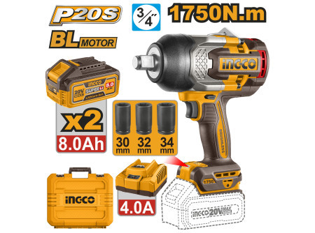 INGCO Akkus ütvecsavarozó 3/4" 1750 Nm szénkefe nélküli 20 V (2 x 8,0 Ah akku + töltő)