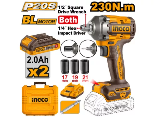 INGCO Akkus ütvecsavarozó 1/4" + 1/2" 230 Nm szénkefe nélküli 20 V (2 x 2,0 Ah akku + töltő)