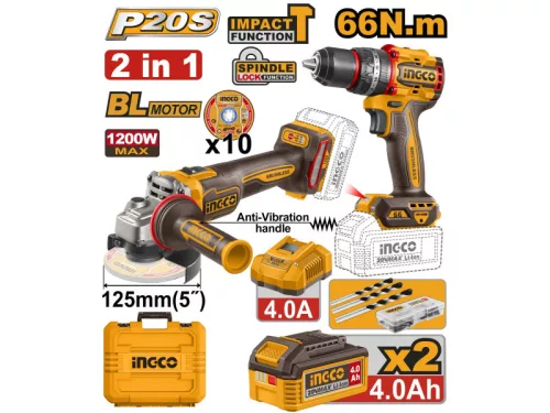 INGCO Akkus erőcsomag 20 V Ütvefúró-csavarozó 66 Nm+Sarokcsiszoló 125 mm (2 db akku + töltő)