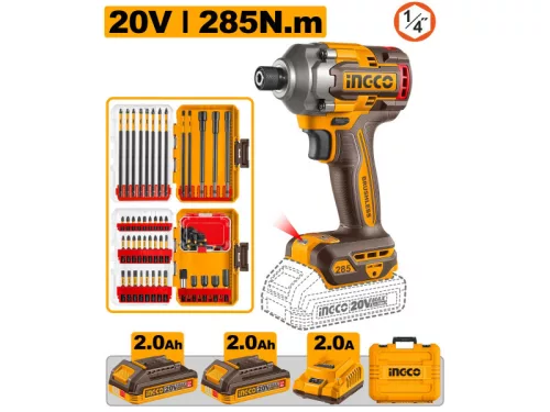 INGCO Akkus ütvecsavarozó 1/4" 285 Nm szénkefe nélküli + 2 bithegy készlet 20 V (2db akku+töltő)