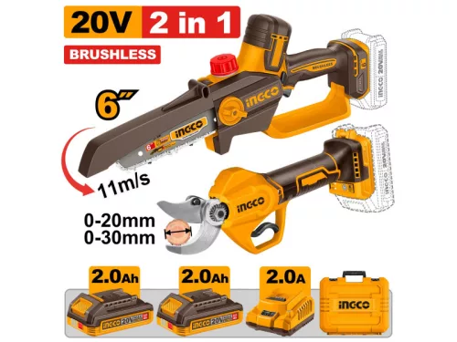 INGCO Akkus kerti gép szett láncfűrész 150 mm + akkus metszőolló (2 x 2,0 Ah akku + töltő)