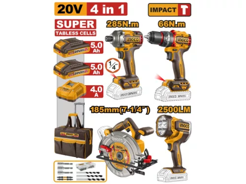 INGCO Akkus erőcsomag 4 gép + 2 x 5,0 Ah laposcellás akku + töltő 20 V
