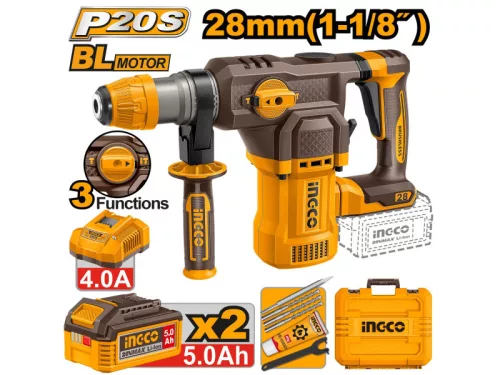 INGCO Akkus kombikalapács 4,5 J SDS-Plus szénkefe nélküli 20 V (2 x 5,0 Ah akku + töltő)