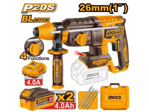 INGCO Akkus kombikalapács 2,5 J SDS-Plus szénkefe nélküli 20 V (2 x 4,0 Ah akku + töltő)