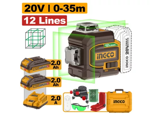 INGCO Akkus 3D szintező lézer 0-35 m zöld lézerrel, távirányítóval 20 V (akku és töltő nélkül)